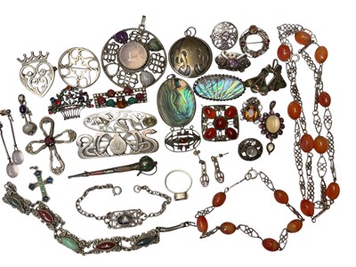 Lot 76 - Scottish silver brooches, Shetland silver 'Three Nornes' brooch, Scottish silver abstract garnet ring (Edinburgh 1971), size N and other gem set jewellery etc