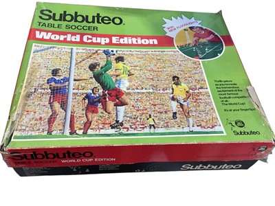 Lot 2016 - Subbuteo Table Soccer World Cup Edition (incomplete) with four teams, throw in figures (one damaged) and accessories, boxed (poor) (1)