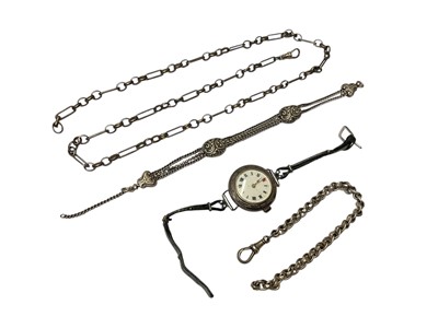 Lot 81 - Edwardian silver cased watch on leather strap, white metal fancy link fob chain and two other silver watch chains