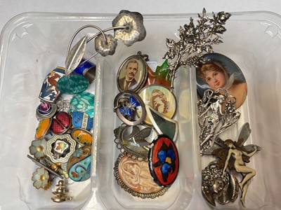 Lot 82 - Collection of silver and enamel stick pins displayed on a board, other silver and enamel jewellery including Art Nouveau brooches, earrings, pill box, thimble, etc and other vintage jewellery