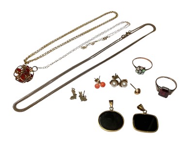 Lot 83 - Group of gold and yellow metal jewellery to include 9ct gold bead cluster pendant on 9ct gold chain, two other 9ct gold chains, earrings, two gem set rings, yellow metal shoe charm and two black...