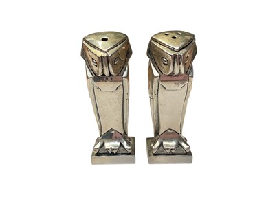 Lot 87 - Pair of Art Deco style white metal owl salt and peppers, marked Ed. 111. Sandoz, stamped 800 to base, 7.5cm