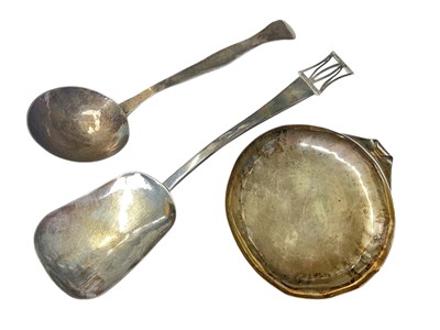 Lot 88 - Arts and Crafts silver dish with hammered finish (London 1909), 10cm wide, together with two later silver spoons (3)