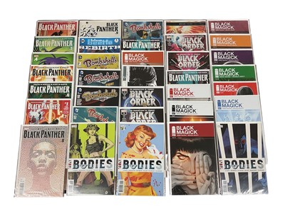 Lot 2890 - One box of modern comics to include DC Comics (Birds of Prey, Bombshells) Marvel Comics (Black Cat, the Black order, Black Panther) Dark Horse comics (Black Hammer) Image Comics (Birthright) and...