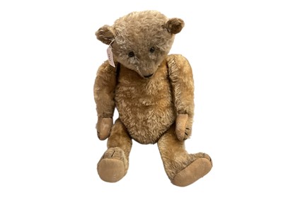 Lot 1935 - Antique teddy bear, possibly Steiff, small boot button eyes, horizontal stitched nose, shaved snout, wide set ears, five stitched claws, wood wool stuffing, felt pads, disc jointed, single threa...