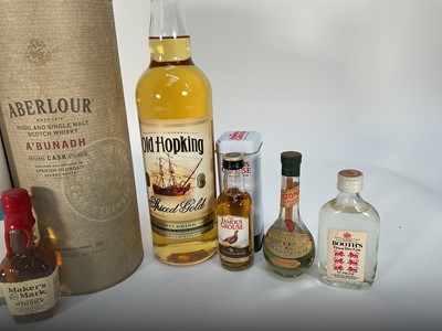 Lot 38 - Group of bottles including: Fettercairn 12 year old whisky, 70cl., 40%, and Aberlour A'Bunadh, batch 52, 60.5%, Old Hopkins Spiced Gold, together with seven miniatures