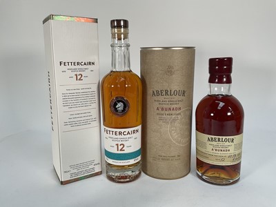 Lot 38 - Group of bottles including: Fettercairn 12 year old whisky, 70cl., 40%, and Aberlour A'Bunadh, batch 52, 60.5%, Old Hopkins Spiced Gold, together with seven miniatures