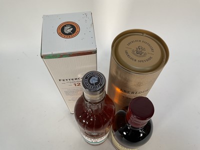 Lot 38 - Group of bottles including: Fettercairn 12 year old whisky, 70cl., 40%, and Aberlour A'Bunadh, batch 52, 60.5%, Old Hopkins Spiced Gold, together with seven miniatures