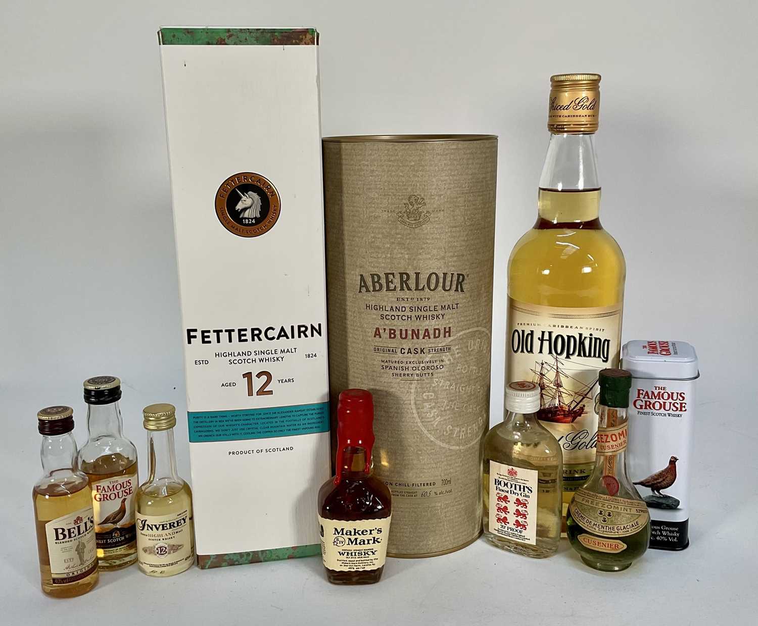 Lot 38 - Group of bottles including: Fettercairn 12 year old whisky, 70cl., 40%, and Aberlour A'Bunadh, batch 52, 60.5%, Old Hopkins Spiced Gold, together with seven miniatures