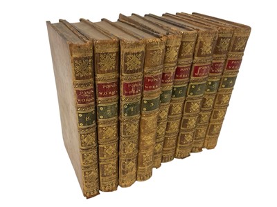 Lot 1353 - Alexander Pope - The Works, nine volumes (of ten?), 1757 in uniform calf bindings, and various other antiquarian bindings
