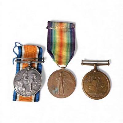 Lot 705 - First World War trio comprising War, Mercantile Marine War and Victory medals named to Alec Chanlan. Together with interesting printed research also noting the War medal may have possibly be ren...
