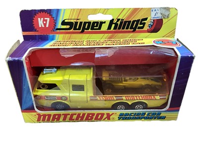 Lot 2011 - Matchbox (c1972) Super Kings Racing Car Transporter, with Superfast white Formula 1 Racing Car No.16 in window box (window damaged) K-7, plus Breakdown Truck K-14 & SRN6 Hovercraft K-22, wi...
