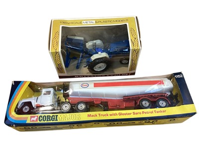 Lot 2012 - Corgi Major diecast Mack Truck with Gloster Saro Petrol Tanker, window box No.1152, Dinky Toys Johnston Road Sweeper (loose) and other diecast vehicles (1 box)