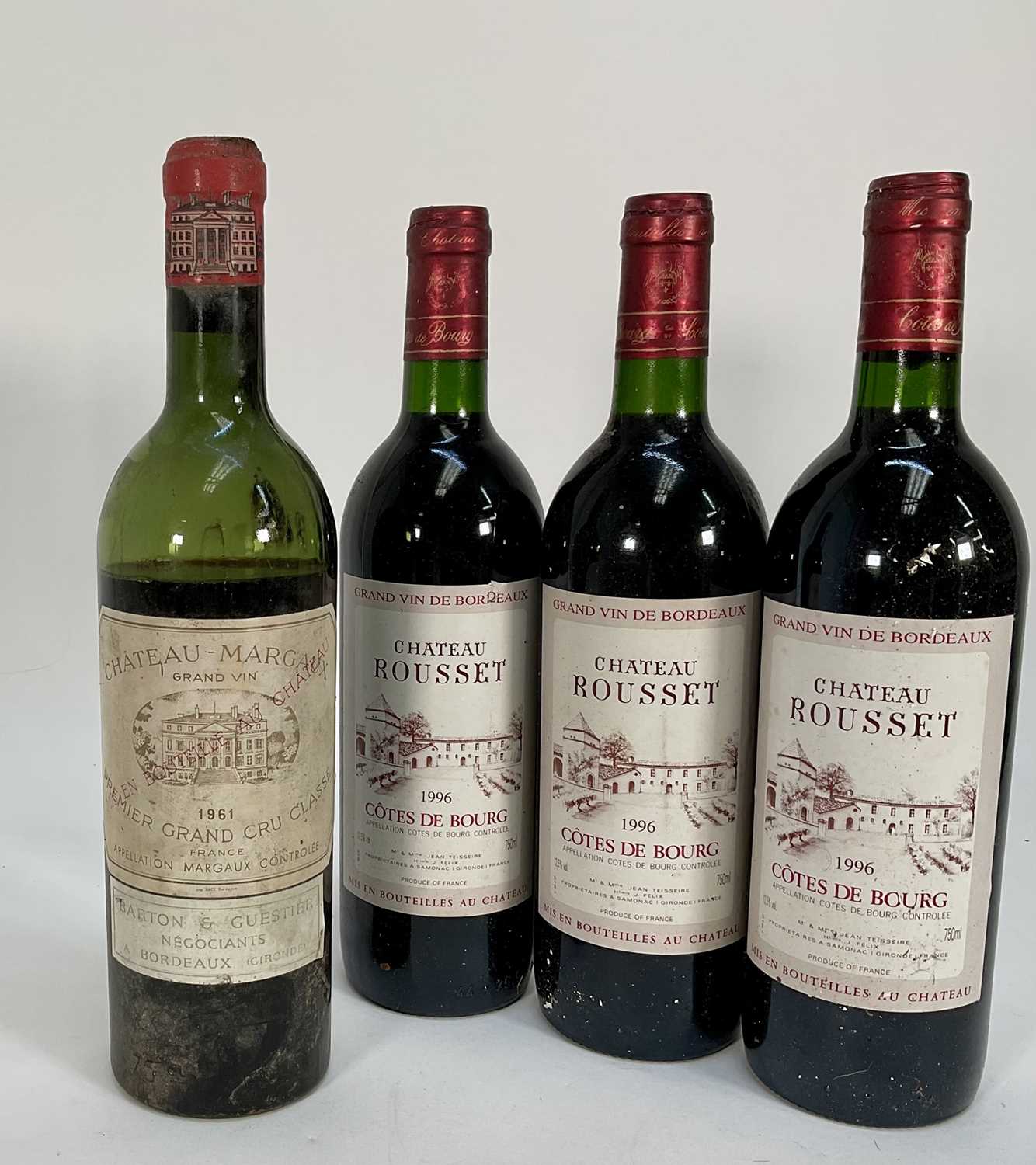 Lot 62 - Four bottles, Bottle Chateau Margaux 1961 Premier Grand Cru Classe, together with three bottles Chateau Rousset Côtes de Bourg 1996 Bordeaux (4)