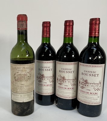 Lot 62 - Four bottles, Bottle Chateau Margaux 1961 Premier Grand Cru Classe, together with three bottles Chateau Rousset Côtes de Bourg 1996 Bordeaux (4)