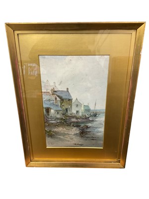 Lot 5291 - Albert Pollitt (1856-1926) watercolour - Harbour scene with cottages, signed, 46 x 28cm, glazed frame