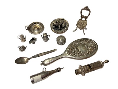 Lot 92 - White metal and enamel propelling pencil in the form of a champagne bottle, together with other silver and white metal miniature items