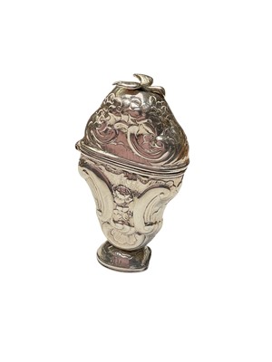 Lot 93 - 18th century Danish silver spice box / vinaigrette with embossed floral scroll decoration, hinged lid surmounted with a bird and smaller hinged compartment to the base, marked inside 'CR 81', 7.5...