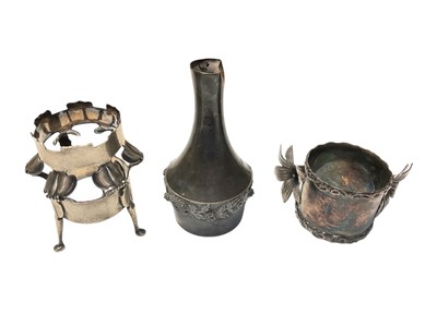 Lot 98 - Art Nouveau silver stand / holder, silver bottle vase and a plated napkin ring (3)