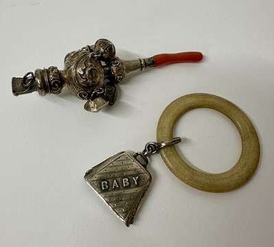 Lot 114 - Victorian silver baby's rattle with coral teether and five bells, maker George Unite, together with a silver mounted teething ring