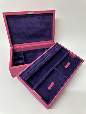 Lot 103 - Good quality Pickett pink leather jewellery case with two tier fitted interior, 29.5cm x 19.5cm