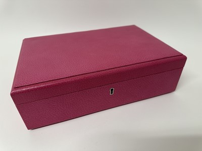 Lot 103 - Good quality Pickett pink leather jewellery case with two tier fitted interior, 29.5cm x 19.5cm