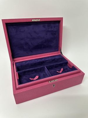 Lot 103 - Good quality Pickett pink leather jewellery case with two tier fitted interior, 29.5cm x 19.5cm