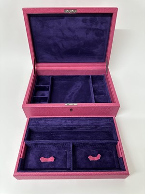 Lot 103 - Good quality Pickett pink leather jewellery case with two tier fitted interior, 29.5cm x 19.5cm