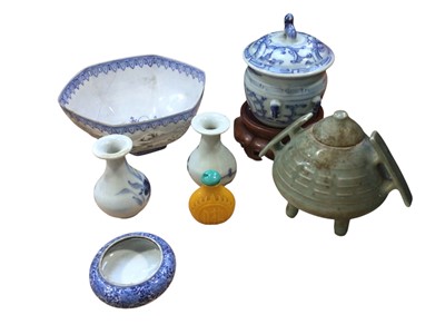 Lot 5029 - Group of oriental porcelain together with a snuff bottle and a hardwood stand.