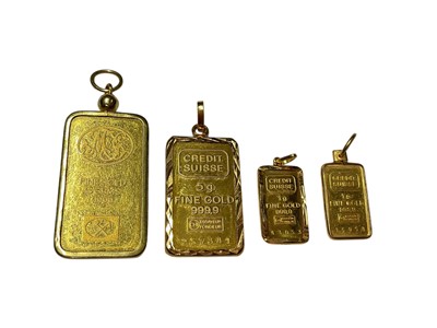 Lot 333 - Four 'Fine Gold 999.9' ingot pendants