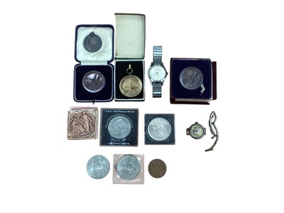 Lot 3064 - Group of coins and medals to include bronze gardening medal and various watches.