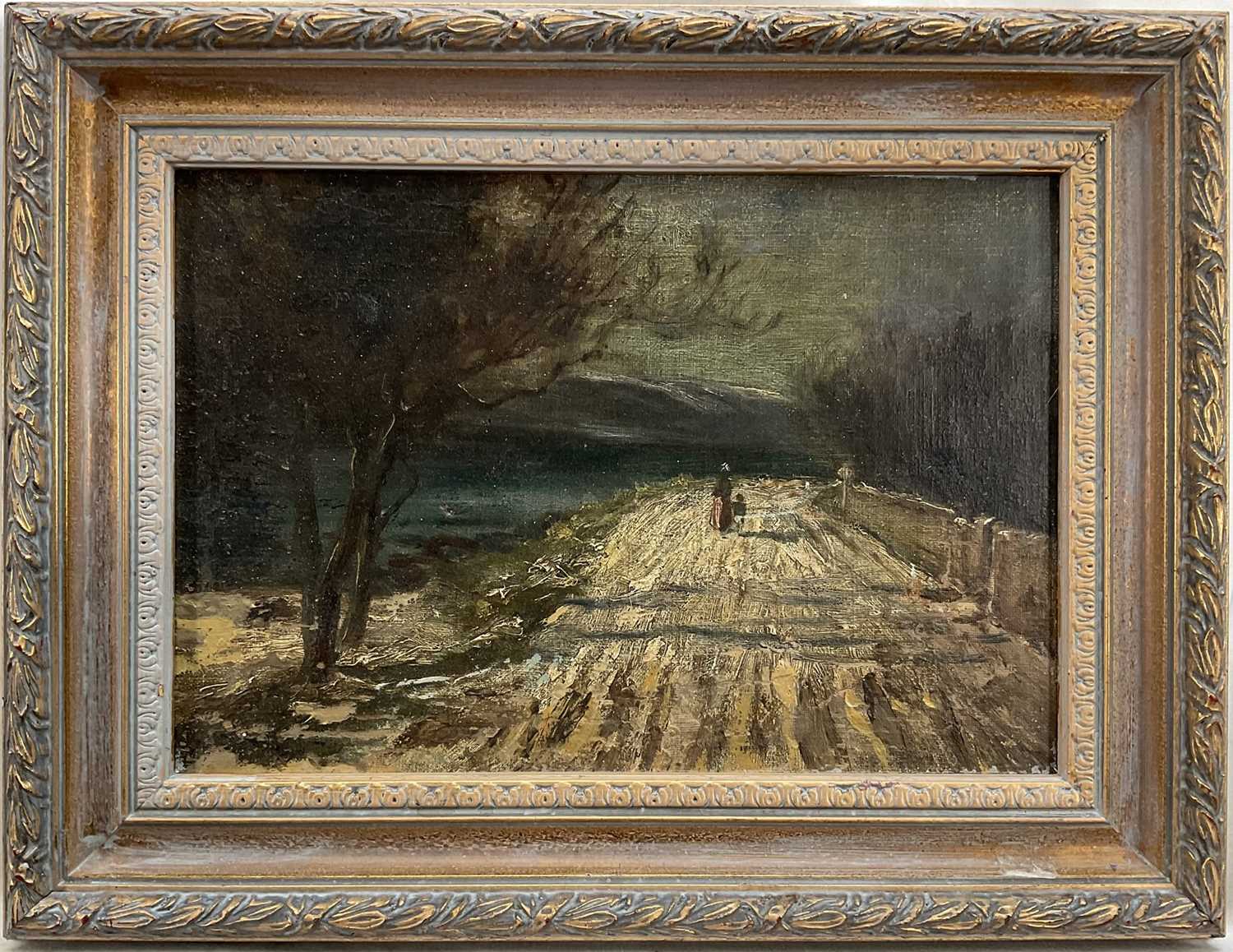 Lot 63 - Impressionist School, figures on a lane in wintery landscape, framed