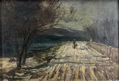 Lot 63 - Impressionist School, figures on a lane in wintery landscape, framed
