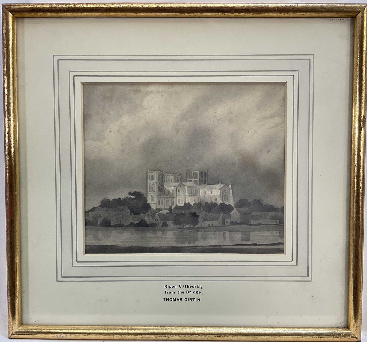 Lot 60 - Manner of Thomas Girtin (1775-1802) fine pencil and wash on paper, Ripon Cathedral from the bridge, 12cm x 14cm, glazed gilt frame