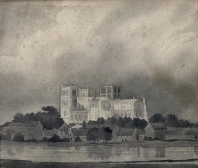 Lot 60 - Manner of Thomas Girtin (1775-1802) fine pencil and wash on paper, Ripon Cathedral from the bridge, 12cm x 14cm, glazed gilt frame