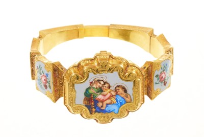 Lot 454 - Good quality 19th century French gold and enamel bracelet with concealed watch compartment, the lid finely enamelled depicting Madonna and Child, in original fitted box