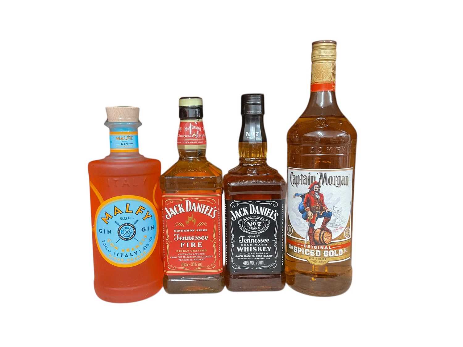 Lot 45 - Four mixed bottles, Jack Daniel's Cinnamon Spice Tennessee Fire, 35% 75cl, Malfy Gin Blood Orange 41% 75cl, Captain Morgan Spiced Gold 35% 1litre, Jack Daniel's Old No 7 Tennessee Whiskey 40% 70...