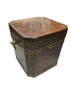 Lot 5308 - George III mahogany and brass bound cellarette, of canted form with flanking drop handles, 39cm wide x 35cm deep x 36cm high