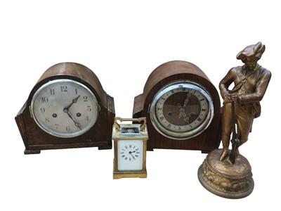 Lot 5027 - Two mantel clocks and a carriage clock together with a bronzed figure