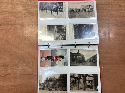 Lot 1117 - Postcard collection in 4 albums including many early cards GB, French and Belguim, dog carts, social history, brick makers, trams, WW1 bomb damage, silks, greetings, Father Christmas, artist draw...