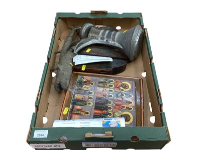 Lot 2984 - Antique mixed metal Dallah coffee pot, together with two Russian icons and a Middle Eastern fish, (4).