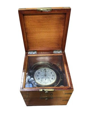 Lot 3071 - Russian marine deck chronometer, with silvered Arabic numeral dial and secondary dial at six o'clock within a brass gimble in a fitted and glazed case with brass fittings.