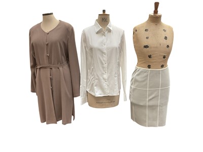 Lot 2560 - Designer Jean Muir mink coloured wool crepe unlined coat size 16, Salvatore Ferragamo skirt size L new with tag and Loro Piana women's white cotton shirt size 50.