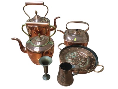 Lot 5025 - Group of copper ware to include three copper teapots, copper dish and others