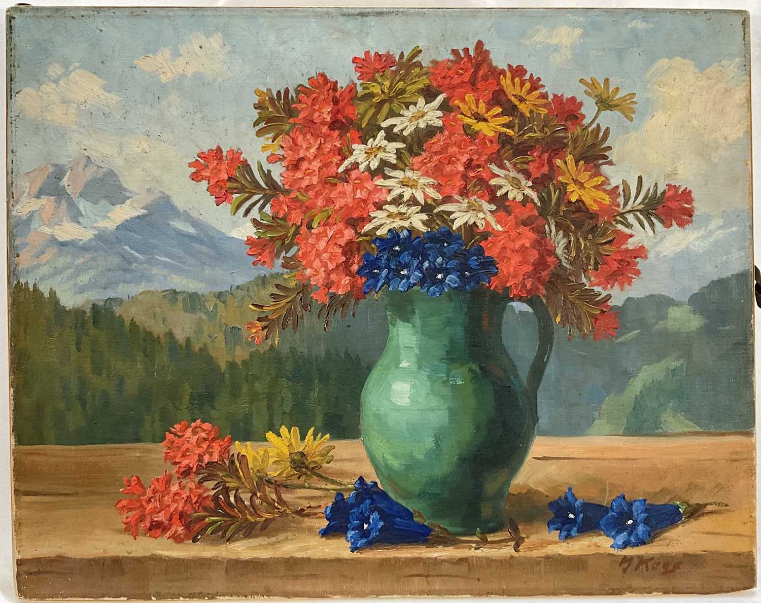 Lot 23 - Mid 20th German oil on canvas, still life on a ledge