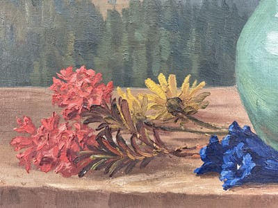 Lot 23 - Mid 20th German oil on canvas, still life on a ledge