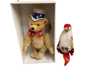 Lot 1941 - Steiff 667183 First American Teddy boxed, Steiff UK Baby Bear set 1999-2003 boxed with certificate, 2002 missing bear plus Merrythought Parrot on a perch.