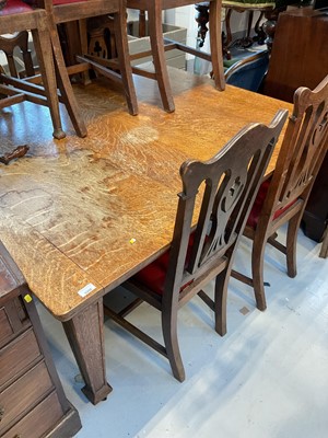 Lot 5300 - Edwardian oak extending dining table with two extra leaves on square tapered legs and set 10 matching oak dining chairs with shell carved backs