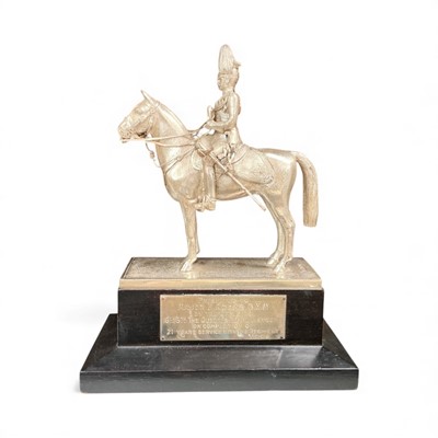Lot 733 - Fine contemporary Garrard & Co silver model of a Lancer on horseback, (London 1962), maker Garrard & Co, raised on an ebonised wood base with applied silver presentation plaque engraved...