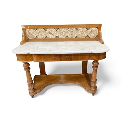 Lot 5303 - Late Victorian satin walnut washstand with marble top and tiled back